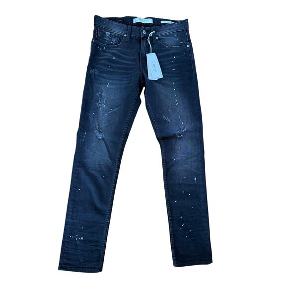 NWT GUESS mens slim tapered pants splatter stretch jeans black denim distressed - Picture 2 of 10